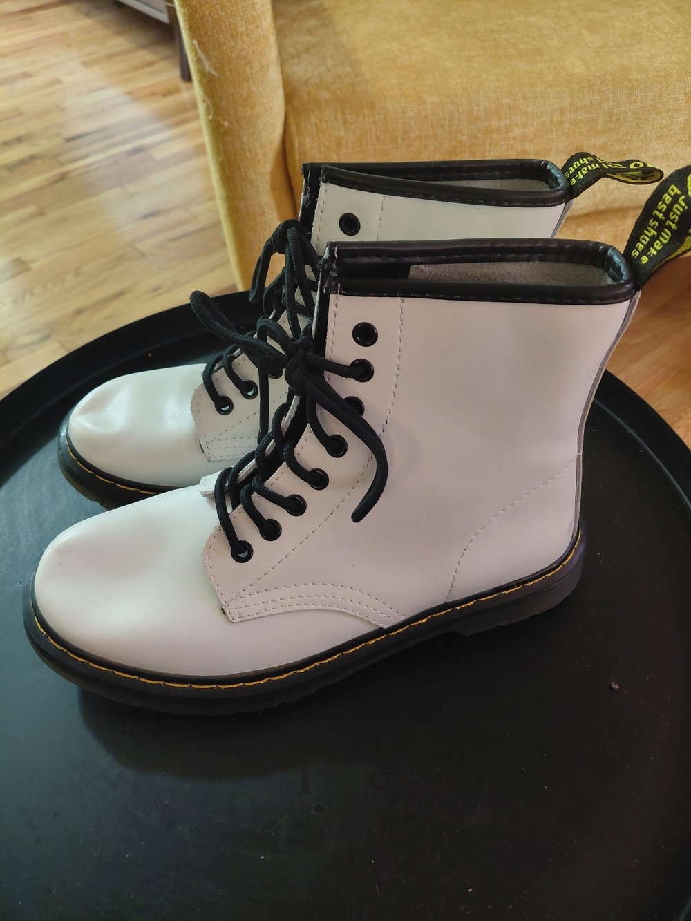White Lace-Up Combat Boots with Black Trim
